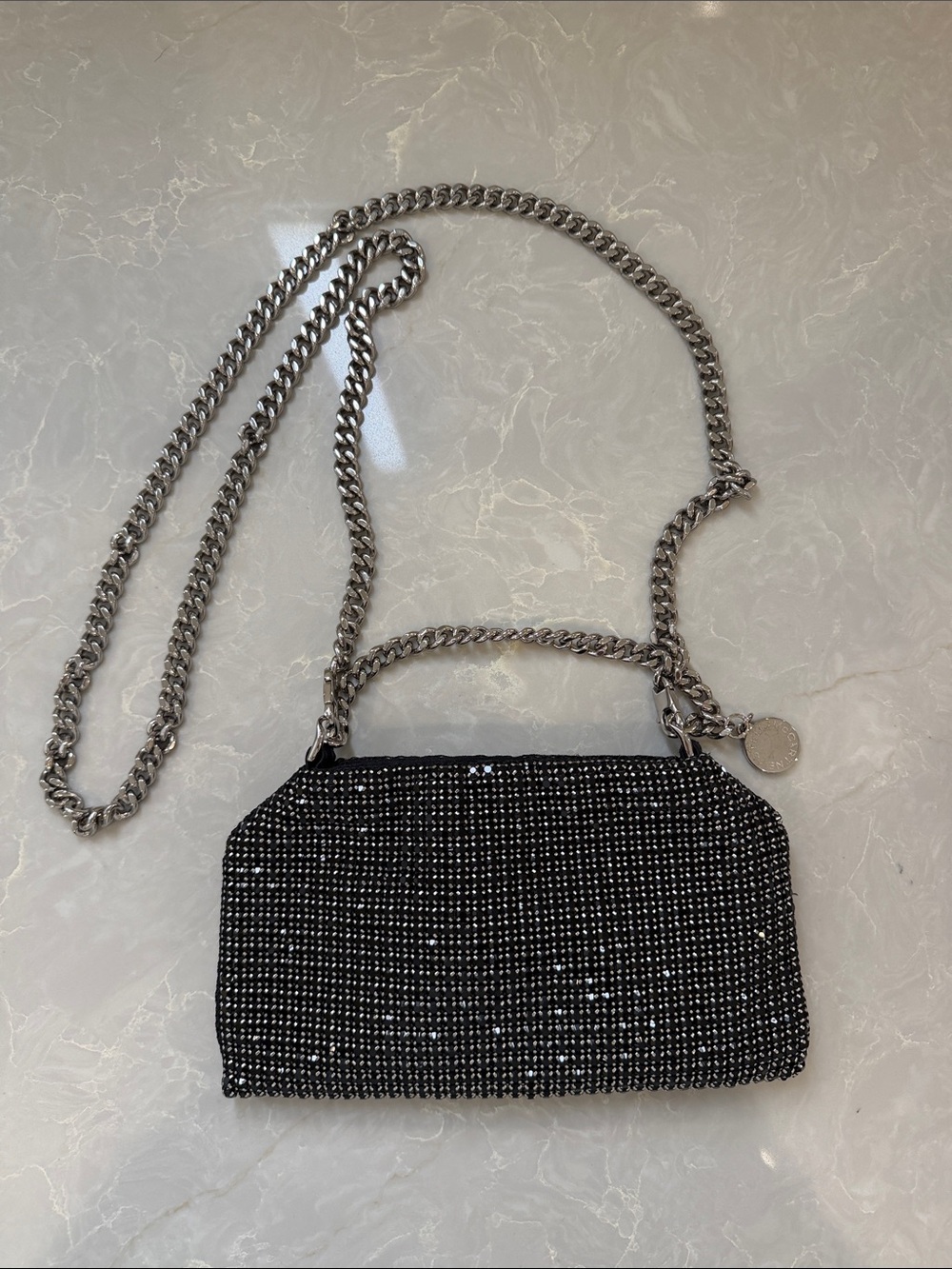 Stella McCartney Black Crystal Mesh Crossbody Bag with Silver Chain
